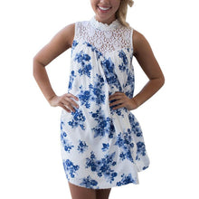 Summer Dress Sleeveless Blue Floral Printed Lace