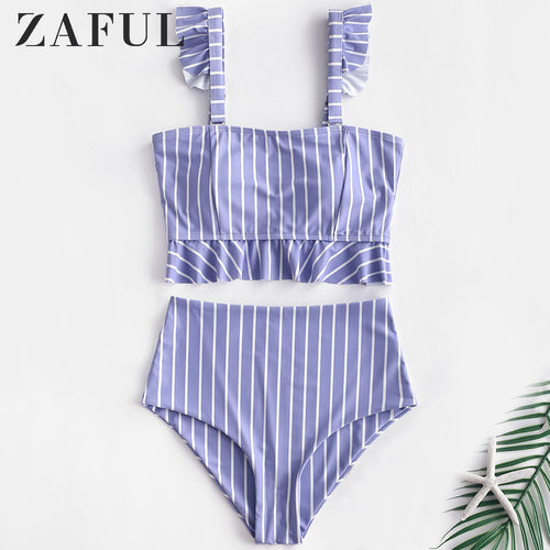 Bikini Striped Ruffles High Rise Tankini Set